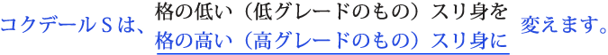 コクデールSは、格の低い（低グレードのもの）スリ身を 格の高い（高グレードのもの）スリ身に 変えます。